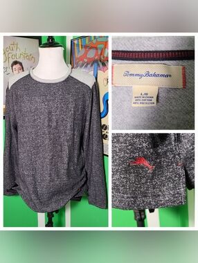 Tommy Bahama L Gray Black Crewneck Long Sleeve Shirt Casual Lightweight Pullover